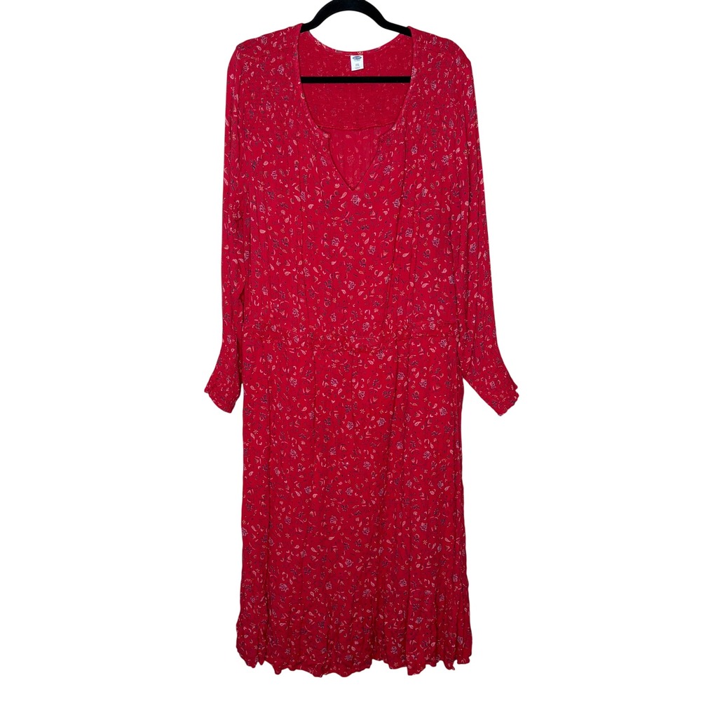 Old Navy Womens XXL Red Floral Long Sleeve Smocked Cuff Maxi Dress
